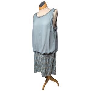 Adrianna Papell Steel Blue Beaded Drop Waist 1920s Flapper Cocktail Dress 12